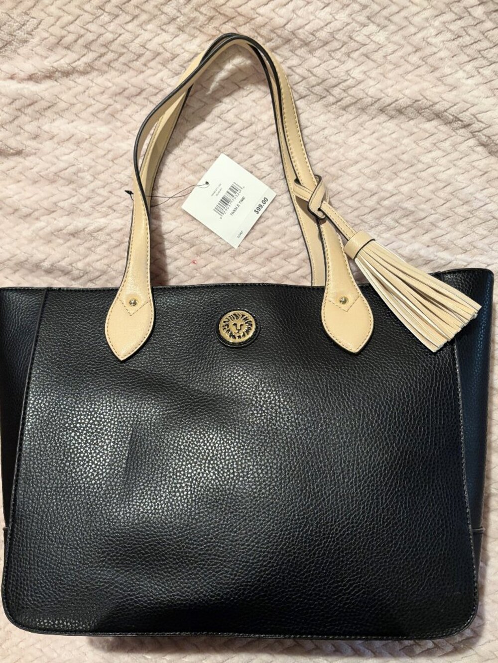 Anne Klein Large Handbag Purse Black /Tan handles New Orig. $99